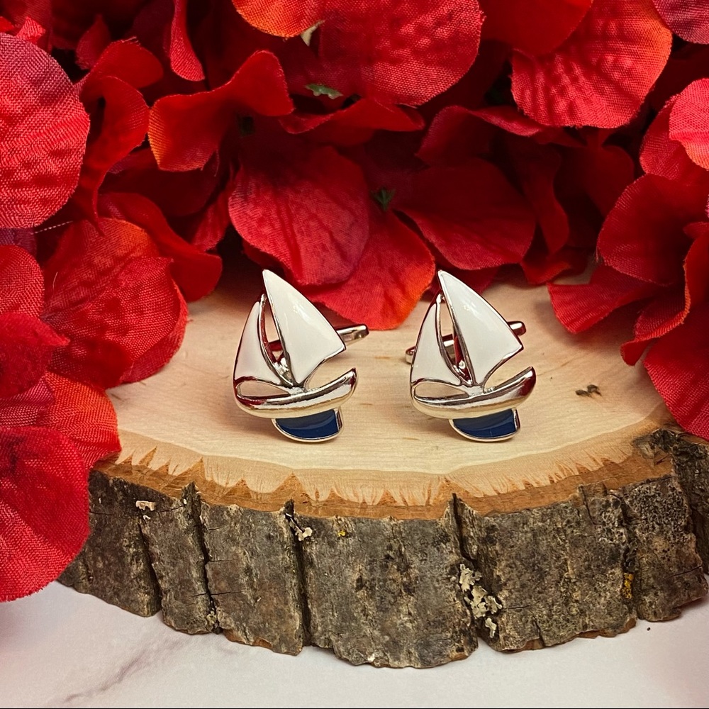 White and Blue Sailboat Cufflinks - Picture 6 of 16